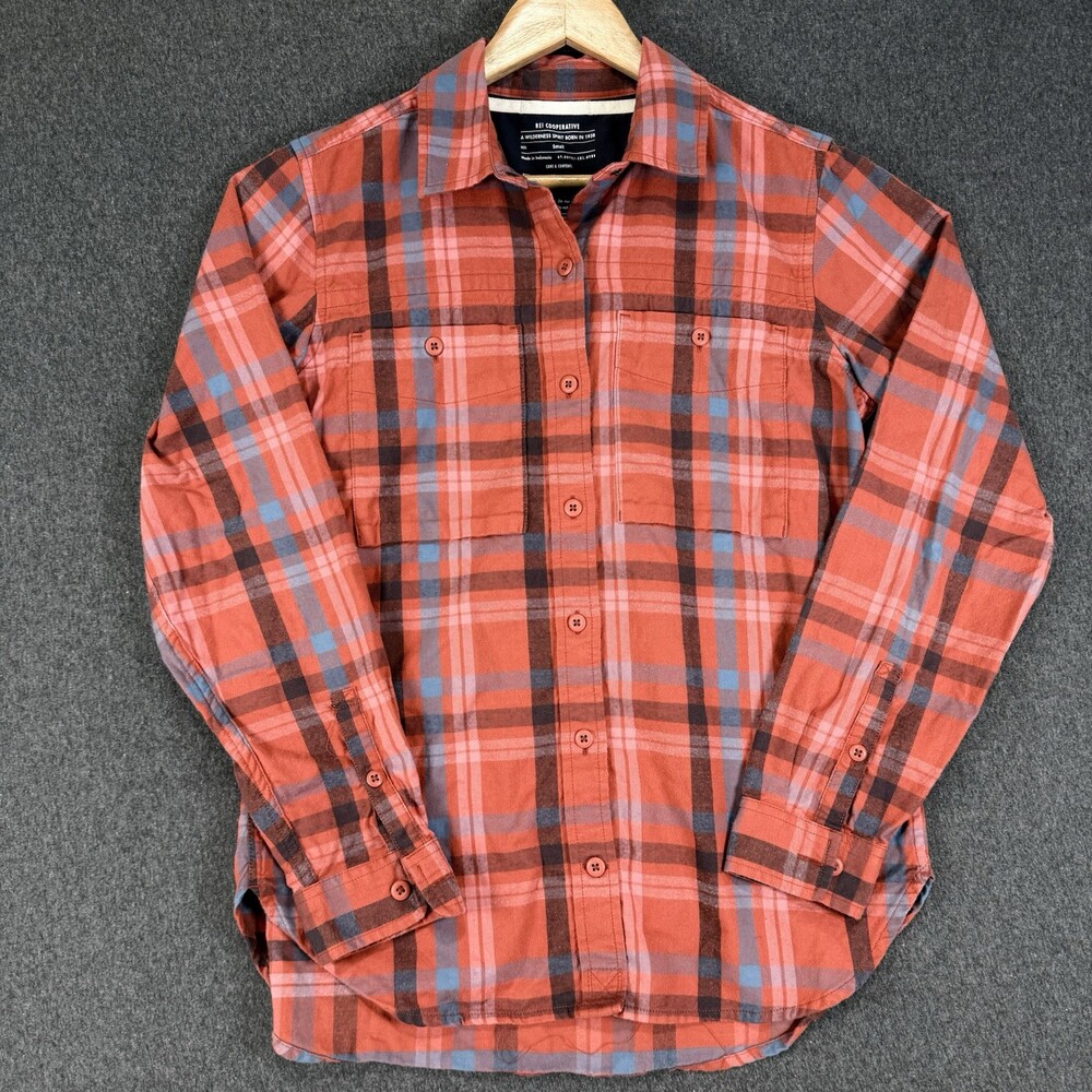 REI Co-op Shirt Womens Small Red Blue Plaid Organic Cotton Long Sleeve Button Up
